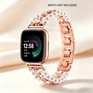 Pearl Sparkle Diamond Strap Suitable for Fitbit Versa 4/Fitbit Sense 2/Fitbit Versa3/Fitbit Sense Compatible Stainless Steel Strap, Metal Strap Bracelet, Female Strap Replacement Tool Free