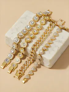 4-piece Hip Hop Trendy Cuban Chain Round Square Heart Shaped Bracelet for Men and Women Fashion Shining Diamond Street Style Party Bracelet Set