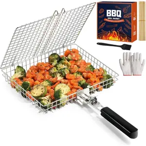 Grill Basket - Grill Baskets for Outdoor Grill, Stainless Steel Large Grilling Basket w Removable Handle, Portable Fish Grilling Rack for Grill Ideal Meat Fish Vegetables Grilling Accessories