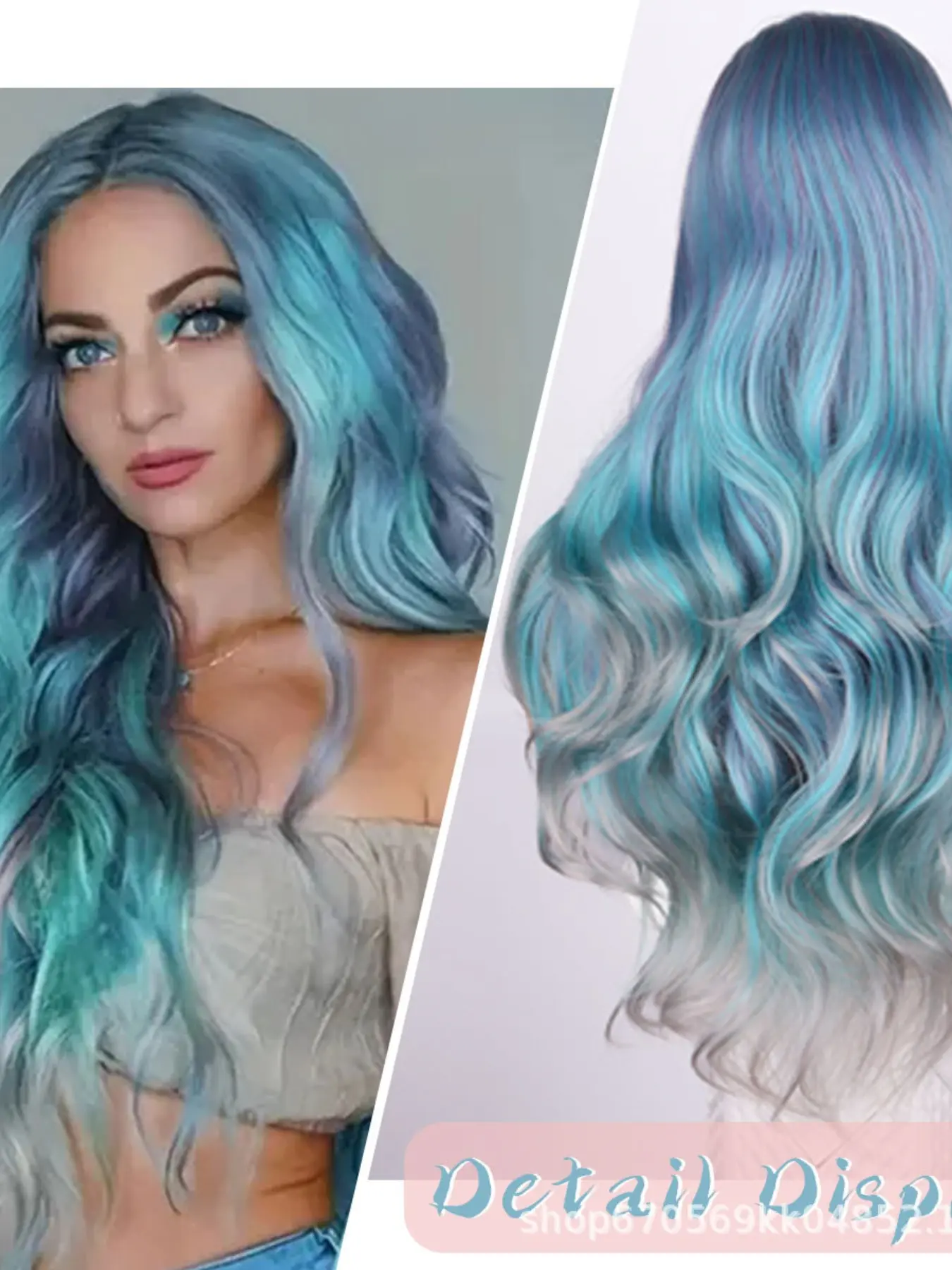 Women's Long Curly Mermaid Wig, Gradient Color, Cosplay Synthetic Hairpiece, Middle Part Full Head Set, Synthetic Wavy Wig