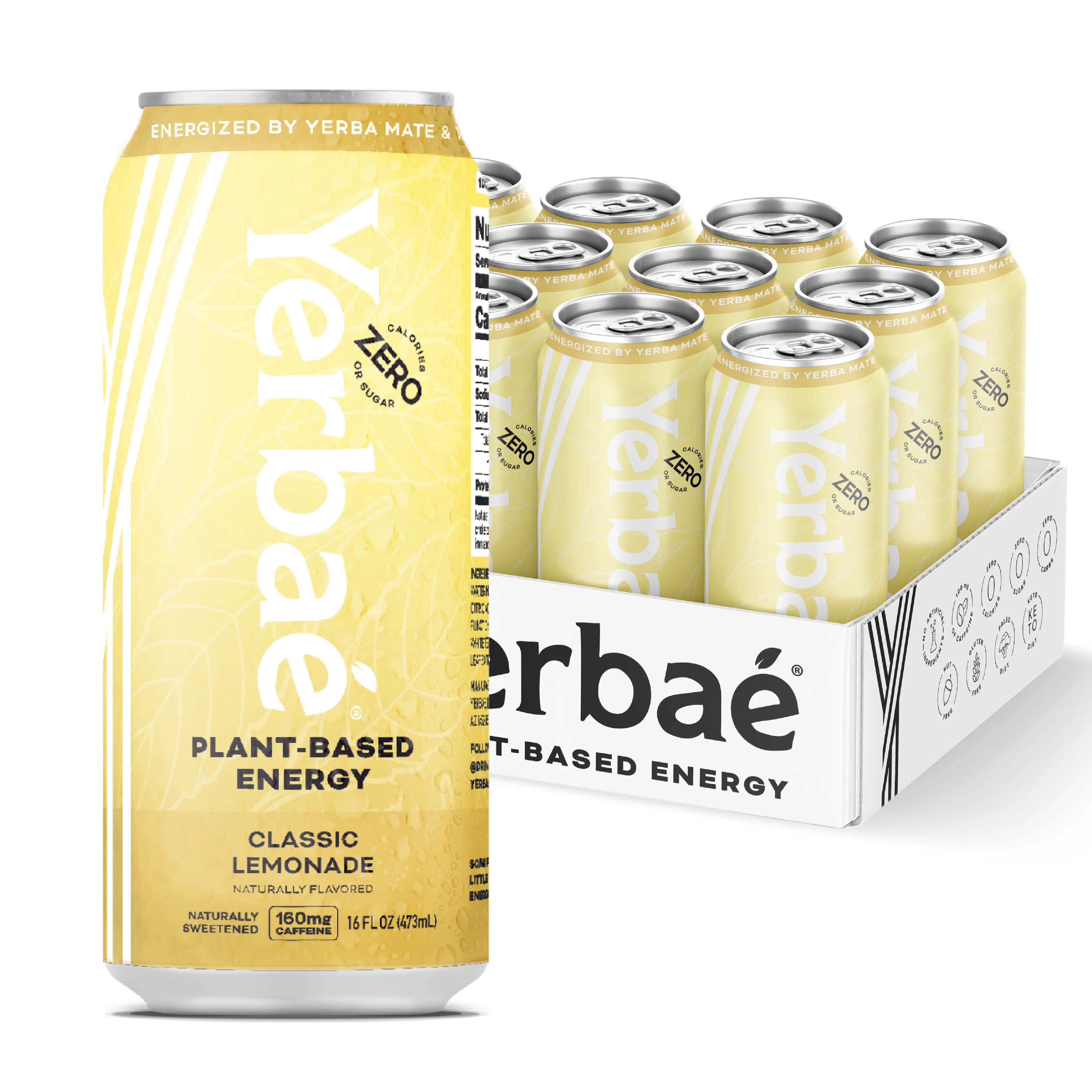 YERBAÉ Classic Lemonade Energy Drink - Naturally Caffeinated Beverage with Plant-Based Energy, 16 Fl. Oz. 160mg Caffeine Naturally Sweetened