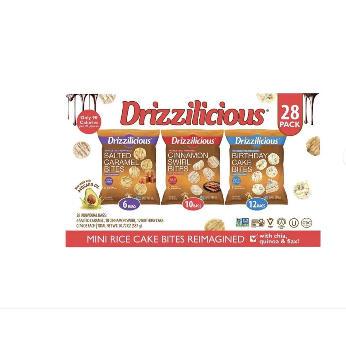 Drizzilicious Mini Rice Cake Bites 28 Pack - Salted Caramel, Cinnamon Swirl, Birthday Cake Flavors with Chia, Quinoa & Flax