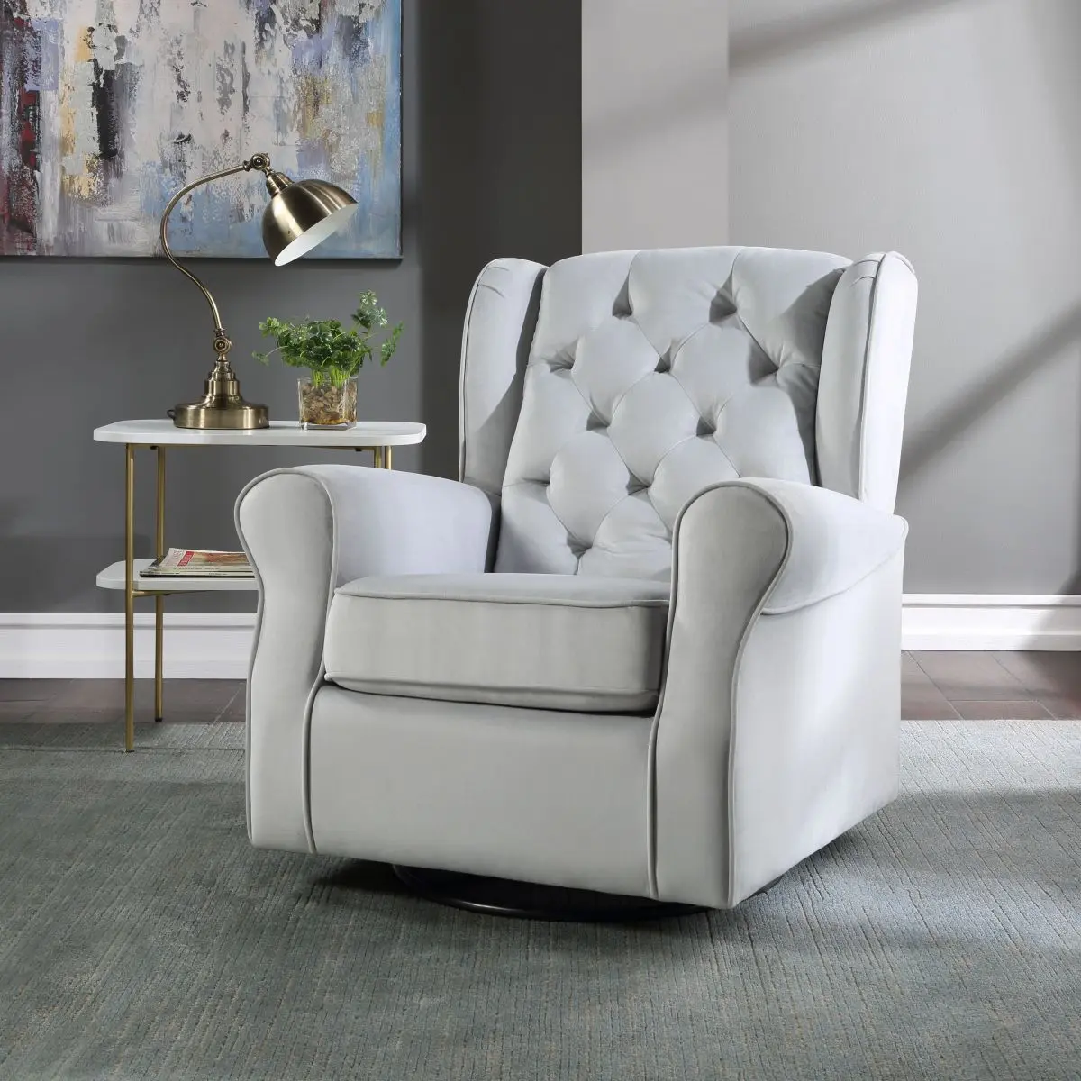 Gray Swivel Recliner Armchair - Upholstered Fabric Glider with Smooth Motion, Modern Comfy Adjustable Rotating Reclining Seated Sit-Down Nursing Chair for Nursery, Cozy Gift for Her, Adjustable Swivel Armchairs, Rotating Reclining Armchairs
