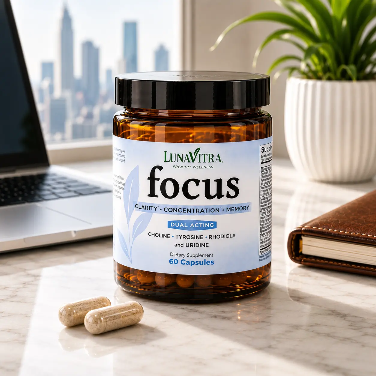 LunaVitra Focus – Caffeine-Free Supplement for Clarity, Concentration & Memory, 60 Capsules