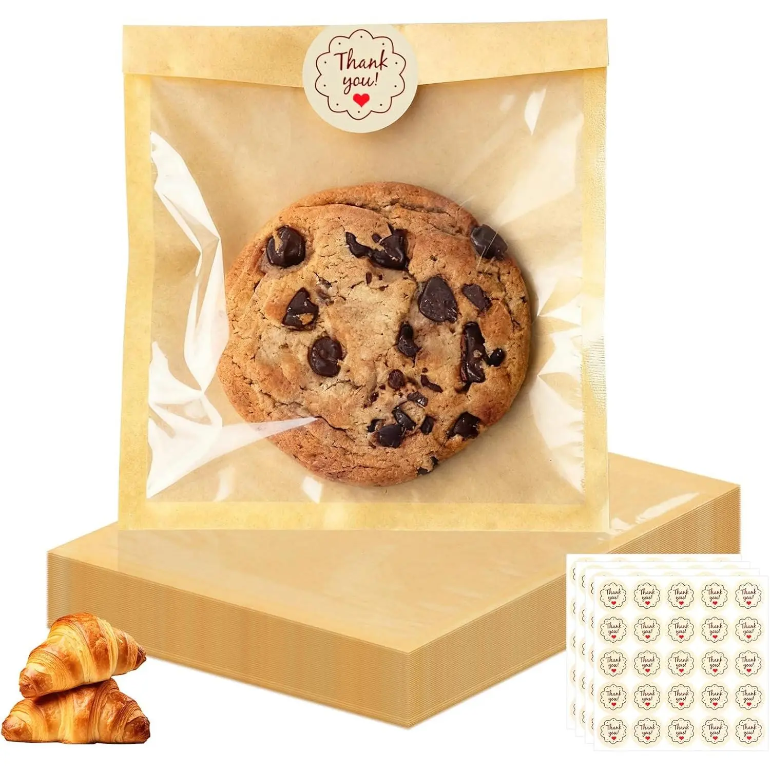 100 count Cookie Bags with Seal,  Cookie Packaging Bag with Clear Window, Heat Seal Bakery Bags for Baked Goods, Cake Slice, Donut, Pastry and  by