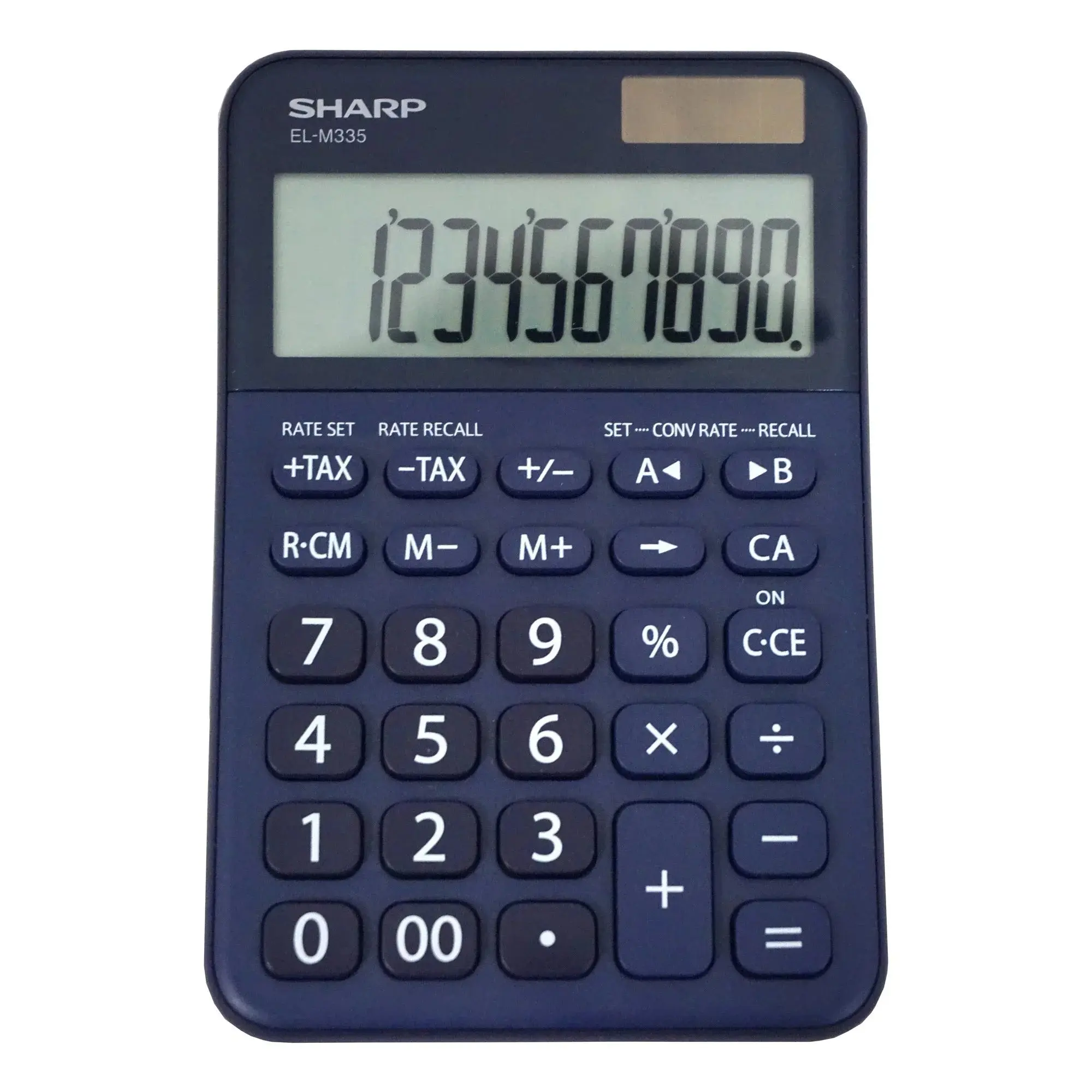 Sharp 10-Digit Extra-Large Desktop Calculator EL-M335 - Dark Blue, LCD Display, Backspace Key, Currency Conversion Function, Percent Key