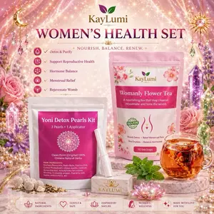 Kaylumi Womanly Flower Tea & Yoni Pearl Herbal Set for Detox & Reproductive Health Support with Fruit Beverage