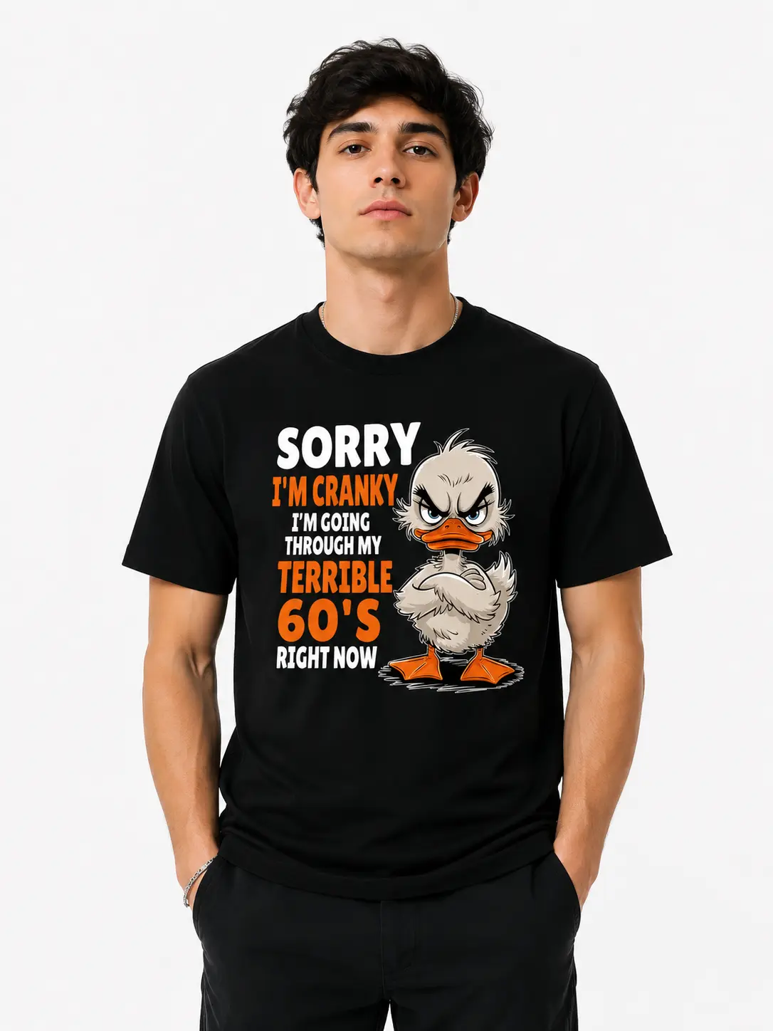 "SORRY I'M CRANKY I'M GOING THROUGH MY TERRIBLE 60'S RIGHT NOW"Cotton Plus Size Unisex Graphic T-Shirt,Soft, comfortable, and breathable,Cute angry duck pattern,Streetwear Outdoor Y2K Vintage style,Funny sarcastic T-shirt,Gifts for him/her Garment Menswea