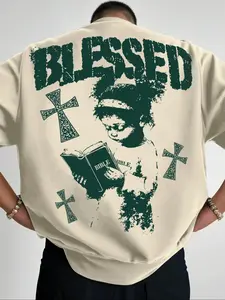 BLESSED’ Religious Graphic Tee — Hot-Selling Streetwear! Retro Vintage Bible & Cross Print, Beige Base & Oversized Fit For Urban Cool Style, Casual. Trendy Statement Top.