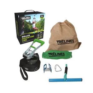 Treelines Roller Adventure Line 36 ft Easy Install Outdoor Play Kit with 2 Webbing Material Roller Wheel Tree Bar Handle & Storage Bag SKU 847119