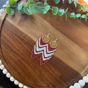 Beaded Earrings with Chevron Design and Leaf Accent - Simple Bead Pattern Jewelry Piece