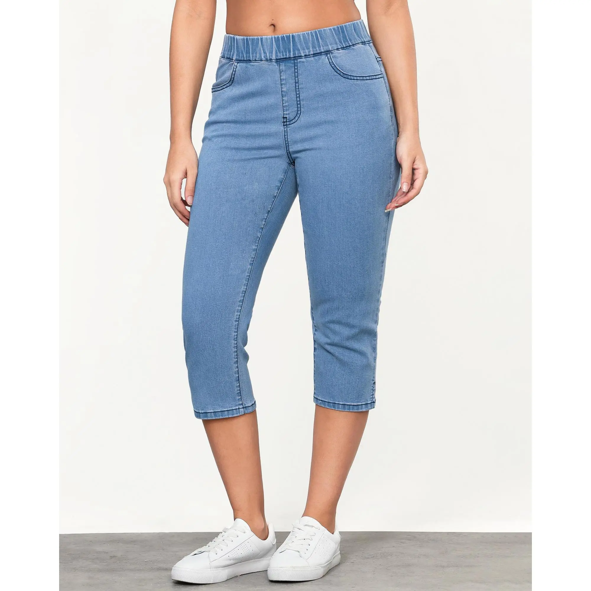 GRAPENT Women's High-Waisted Elastic Waistline Fitted Cropped Jeans - Pull-On Stretchy Denim Capri Pants Women with Split Hem, Half Cut Jeans