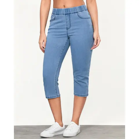 GRAPENT Women's Expandable High-Waist Plain Skinny Tummy Controlling Jeans - Pull-On Elastic Waist Stretch Denim Pants, Below the Knee Cropped Split Hem, Midsection Smoothing, Body-Skimming Fit, Fashion Look, Machine Washable, Back to School
