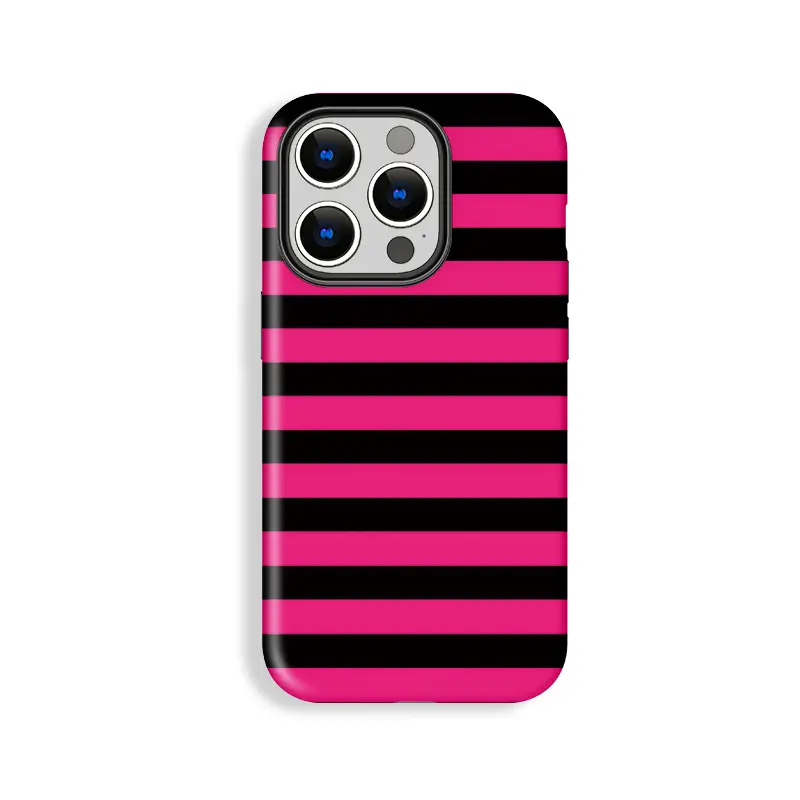 Trendy Pink & Black Striped Polycarbonate Smartphone Case for iPhone 11/12/13/14/15/16/17 Pro, Pro-Max, Plus, Air, Durable Shockproof Double-Shell Anti-Drop Wear-Resistant Accessory Gift