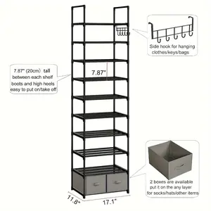 New Tall Shoe Rack Narrow 10 Tier Shoes Rack 20 25 Pairs Shoe Storage Organizer for Closet Sturdy Metal Shoe Shelf Shoe Stand with 2 Boxes 1 Hook Mount Room
