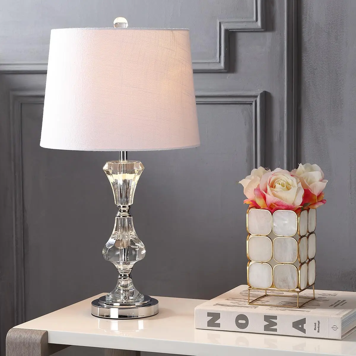JONATHAN Y Riley 25" Faceted Crystal Table Lamp Traditional Glam, Clear | Bedside Nightstand Light For Living Room And Bedroom, White Linen Empire Shade, Chrome Metal Accents, LED Bulb Included