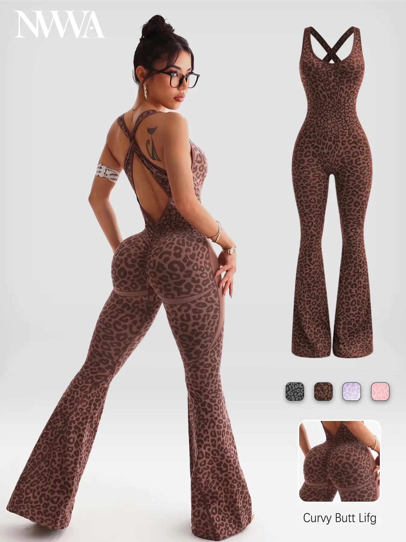 NVWA Women's Leopard Print Flared Sports Jumpsuit - Backless Hollow Cross-Twisted Back, High-Waist, Quick-Dry, Figure-Flattering Activewear for Yoga, Gym - Sports Clothes, Jumpsuits for Women