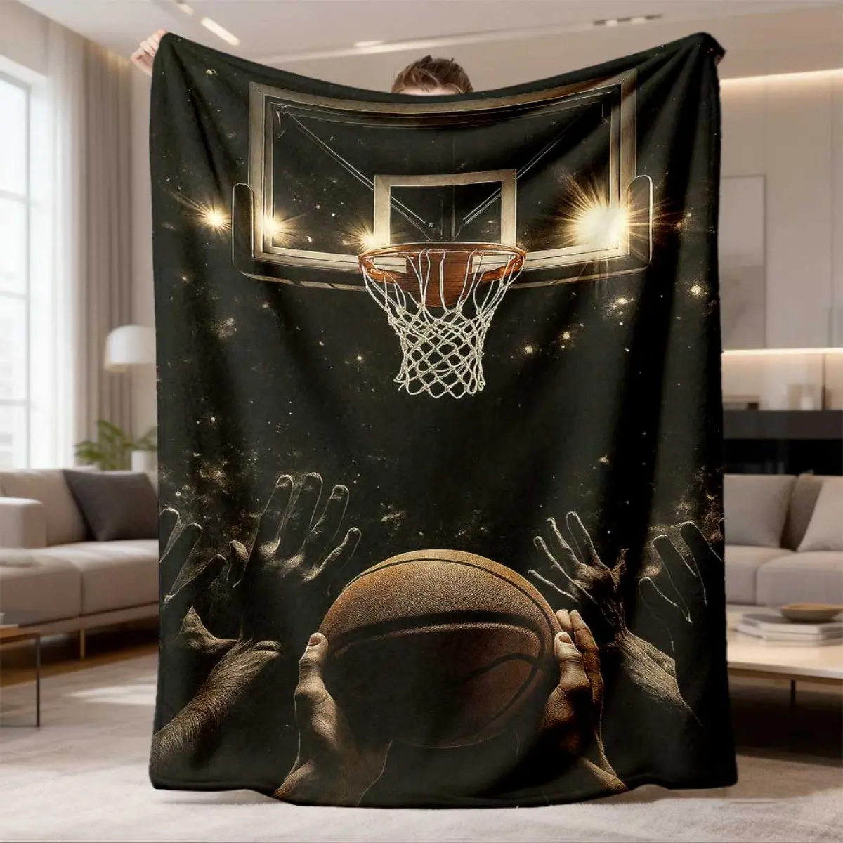 2026 Latest Flannel Blanket 1pc Basketball Shooting Blanket, Digital Print, Soft Flannel, Lightweight, Polyester, Vintage Style, All-Season, for Sofa Bed Couch Travel, 200-250g, Black, No Embellishments
