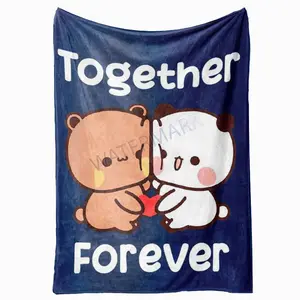 Contemporary Soft Touch Flannel Blanket, Bubu and Dudu Together Forever Lovers Design, All Seasons, Machine Washable, Digital Print, 100% Polyester, 200-250gsm
