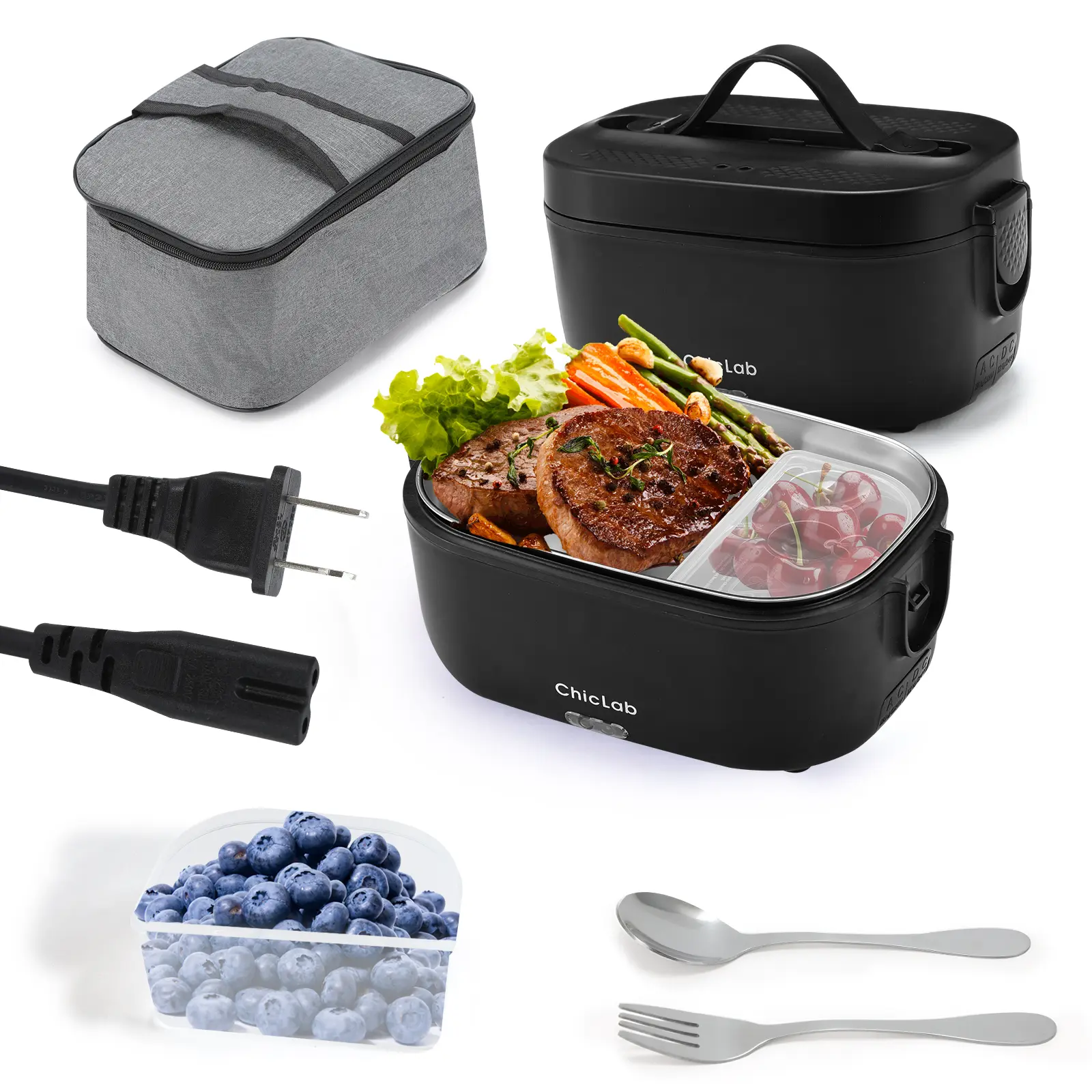 ChicLab 120W Electric Lunch Box Food Heater 1.8L 4 IN 1 12V/24V/110V/220V/230V Heated Lunch Boxes For Adults Work Car Truck Home Dual Lid Portable Food Warmer Lunch Box With 0.45L Compartment & Utensils