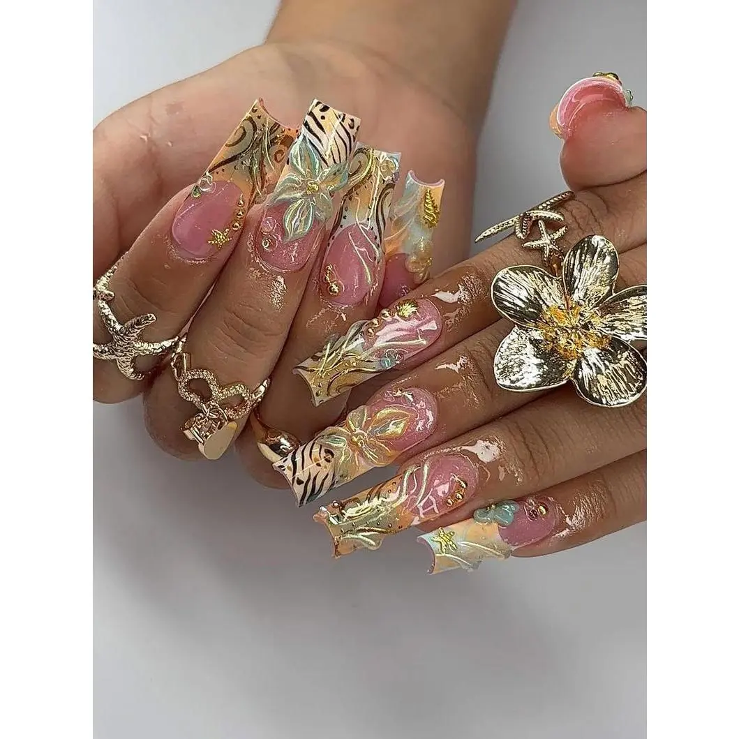 Tropical Paradise Luxe Press On Nails 3D Acrylic Floral Animal Print Marble Square Fake Nails for Vacation Party Summer Events