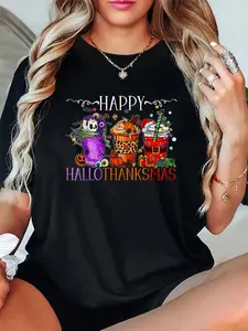 100% Cotton Unisex Happy Hallothanksmas Halloween Thanksgiving Christmas T-Shirt，Autumn Women's T-shirt Christmas Happy Letter Snowflake Fun Pattern