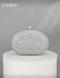 Sparkling All-Over Rhinestone Oval Frame Clutch Purse, Glitter Crystal Snap Lock Evening Bag with Removable Metal Chain Strap, Elegant Statement Shoulder Bag for Bridal Wedding Guest Night Out Events