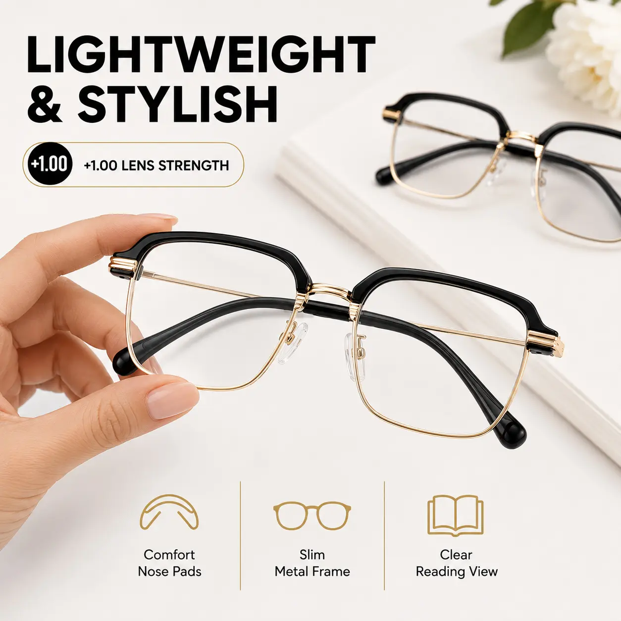 Unisex Reading Glasses +1.00, Lightweight Black Gold Frame with Photochromic Lens for Sun Protection & Blue Light Blocking, Ideal for Daily Use and Work, Uv, Glasses For Women, Blue Light Blocking Lens, Full Rim, Travel