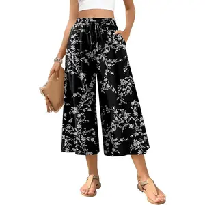 Womens Capri Pants Wide Leg High Waisted Palazzo Lounge Pants Drawstring Casual Trousers with Pockets