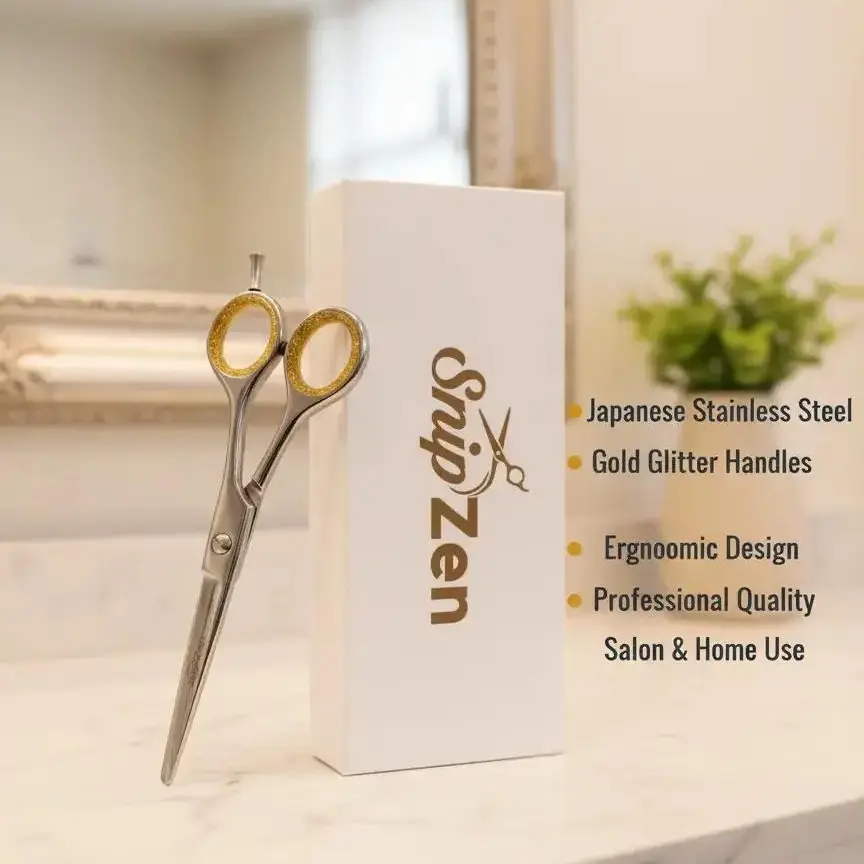 SnipZen 6-Inch Flat Professional Hair Cutting Scissors - Japanese Stainless Steel Barber Shears, Gold Glitter Ergonomic Handles, 100g Lightweight, Durable, Smooth Precision Cut, Textured, Unisex Barber Equipment for Salon, Home Haircare (Single Pair)