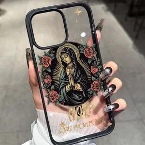 Virgin Mary Rose Pattern Magnetic Ring Case, Ultra Transparent Acrylic Anti-Drop Phone Cover for Samsung & Apple Models