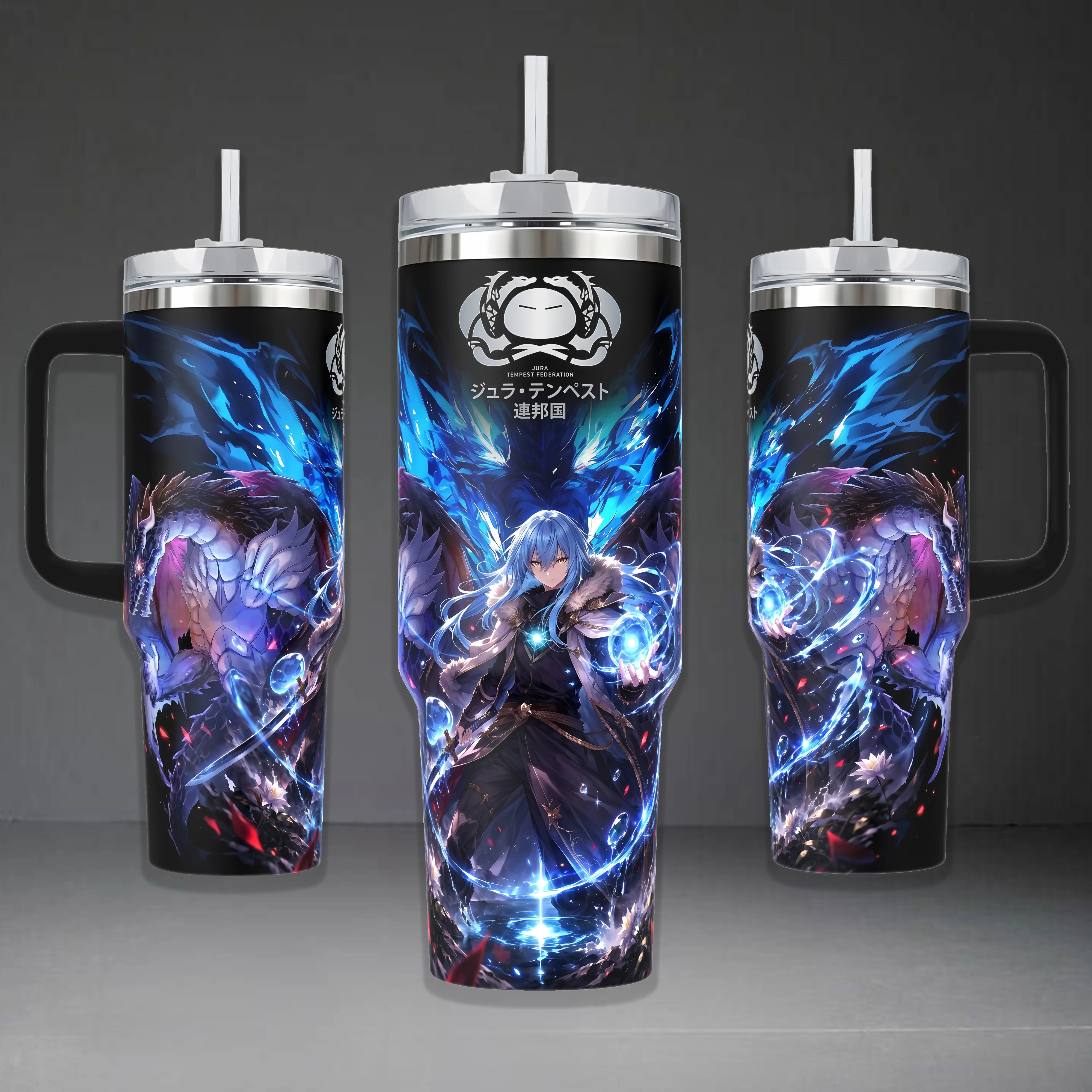 40oz Insulated Reusable Stainless Steel Travel Tumbler - That Time I Got Reincarnated as a Slime Lord of Jura Rimuru Tempest Demon Lord Printed Design, Silicone Handle, Lid, Portable Coffee Kitchenware Drinkware Bottle, Otaku Gift Flask, Insulation, Slime