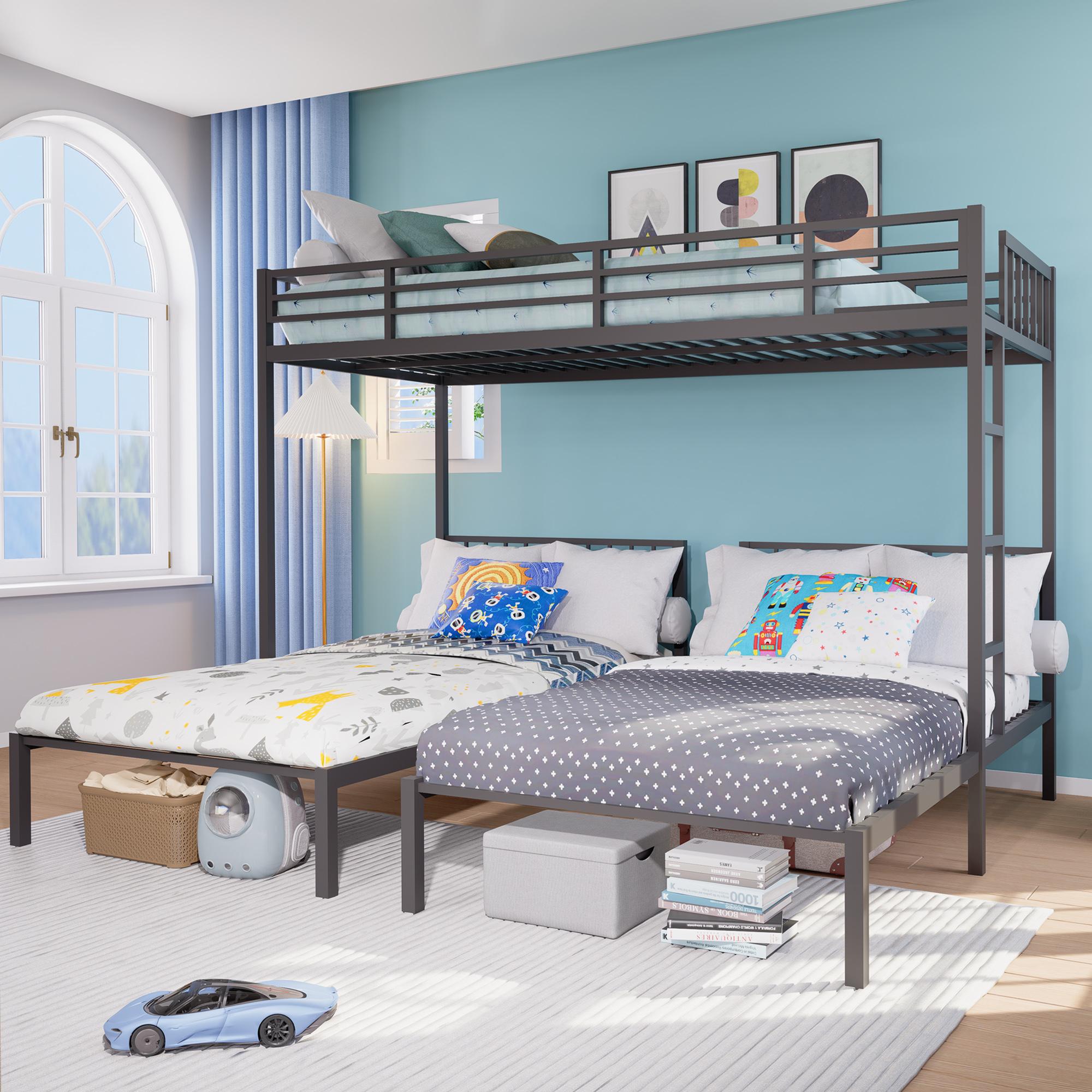 Triple Bunk Bed for Kids, Detachable Twin Over Twin Over Twin Metal Bunk Bed with Guardrails, Ladder & Storage, Converts to 3 Separate Twin Beds, Easy to Assemble (3 Bunk Beds for Kids)