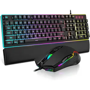 K10 Wired Gaming Keyboard and  and Wrist Rest Combo, RGB Backlit, Mechanical Feel Anti-ghosting Keyboard + 7D 7200 DPI Mice+Soft Leather Wrist Rest 3 in 1 count Gamer Accessories(Black)