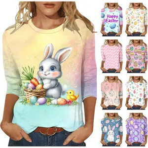Easter Shirts for Women 3/4 Sleeve Crewneck Cute Shirts Graphic Print Tunic Tops Happy Easter Day T-Shirts 2025