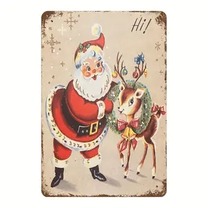 Vintage Christmas Wall Decoration Featuring 2D Flat Decorative Santa and Reindeer Signage