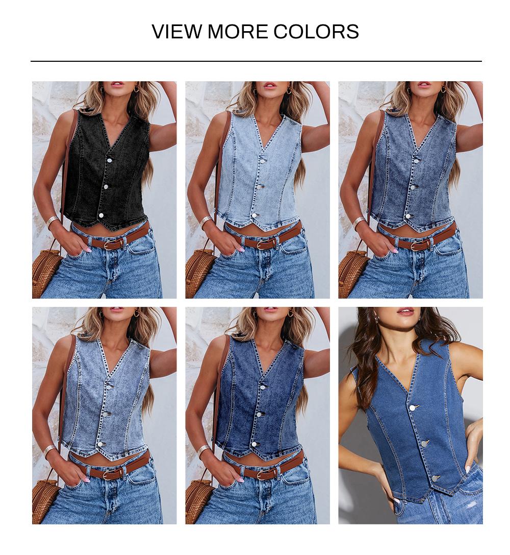 Sidefeel Women's Denim Vest Sleeveless V Neck Zimbaplatinum Jean Vest Top Button Down Crop Waistcoat Vest Summer Outfit SpringStatements