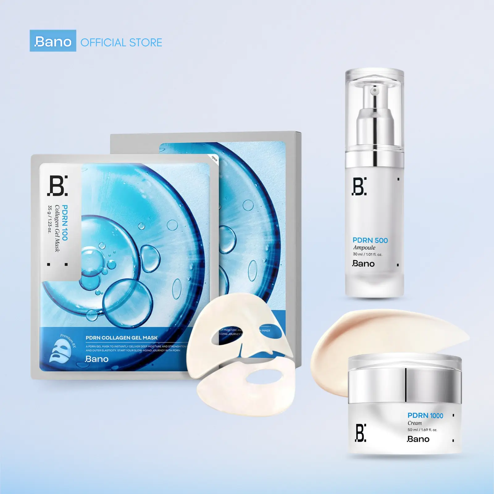 Bano PDRN Line - The Ultimate Elasticity + Deep Hydration Complex | PDRN 500 Lifting Ampoule 1 FL OZ + PDRN 1000 Anti-Aging Cream 1.69 FL OZ + PDRN Collagen Gel Mask 4-Pack (2x)