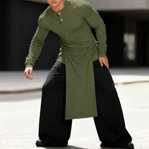 INCERUN Men's Trendy Fall Winter Olive Green Long Side Split Henley Shirt | Slim Fit Tunic Top | Street Photoshoot, Art Event, Casual Daily