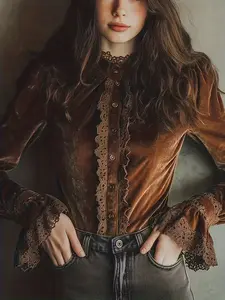French Vintage Velvet Shirt Blouse for Women, Autumn Winter Stand Collar Lace Patchwork Flare Sleeve Top, Palace Style Slimming Base Layer