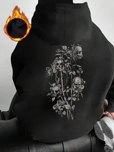 Women's Gothic casual sweatshirt solid color pullover hooded long-sleeved shirt with drawstring pockets and fleece ladies sweatshirt, printed with skull and rose pattern, warm top for autumn and winter