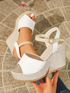 Women's Peep-Toe Wedge Sandals, Two-Tone Ankle Strap Buckle Espadrille Platform Heels, Versatile Footwear for Parties, Vacations and Casual Outings