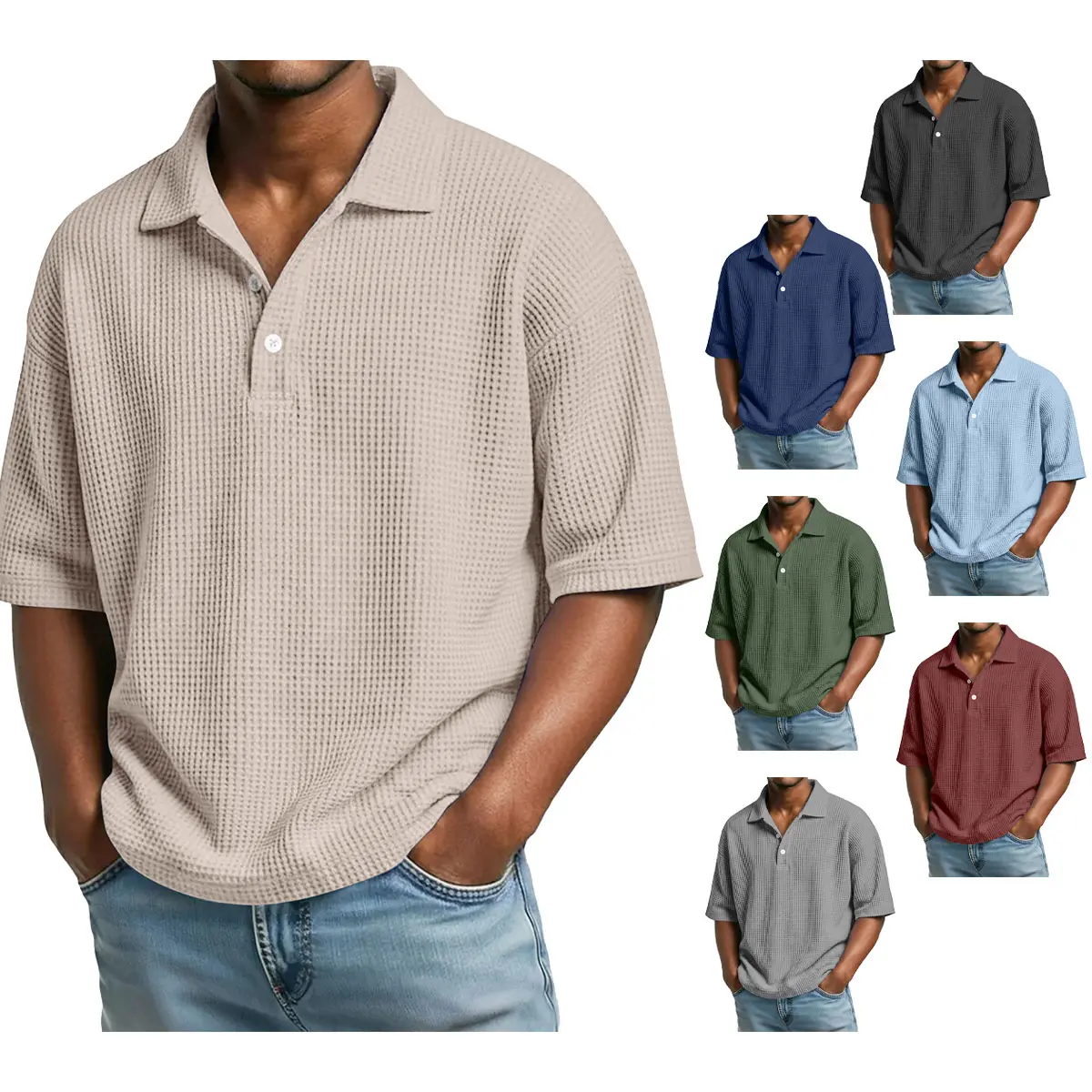 Men's Waffle Knit Polo Shirt, Casual Short Sleeve Button-Up Collared Tee, Loose Fit Breathable Summer Top for Streetwear & Daily Wear