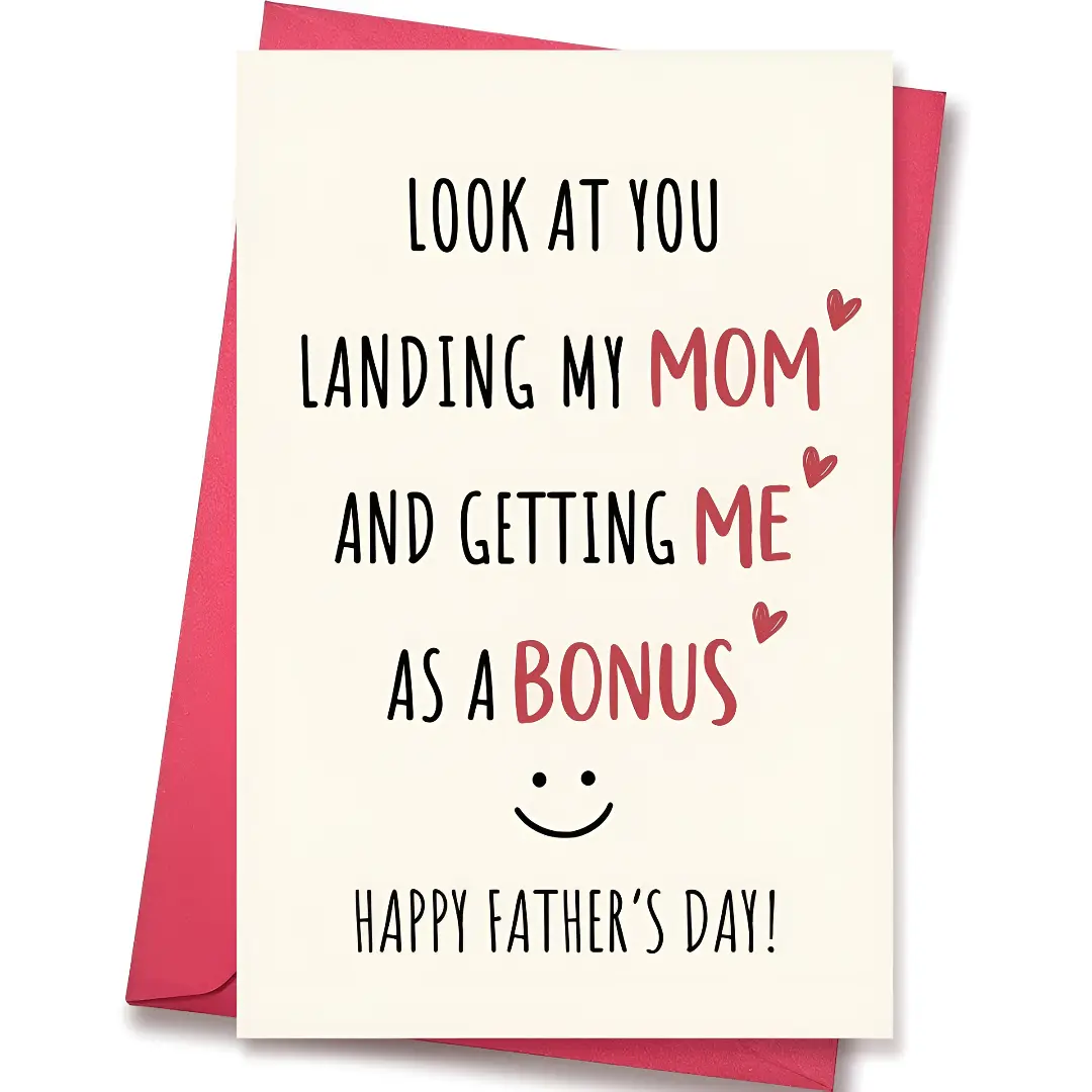 Thick Paper Printed Paper-Based Message Greeting Cards - Cute Humorous, Durable Heartfelt Card Design Office Stationery for Stepdad/Bonus Dad, Father's Day/Birthday Gift from Daughter-Son, Message Card