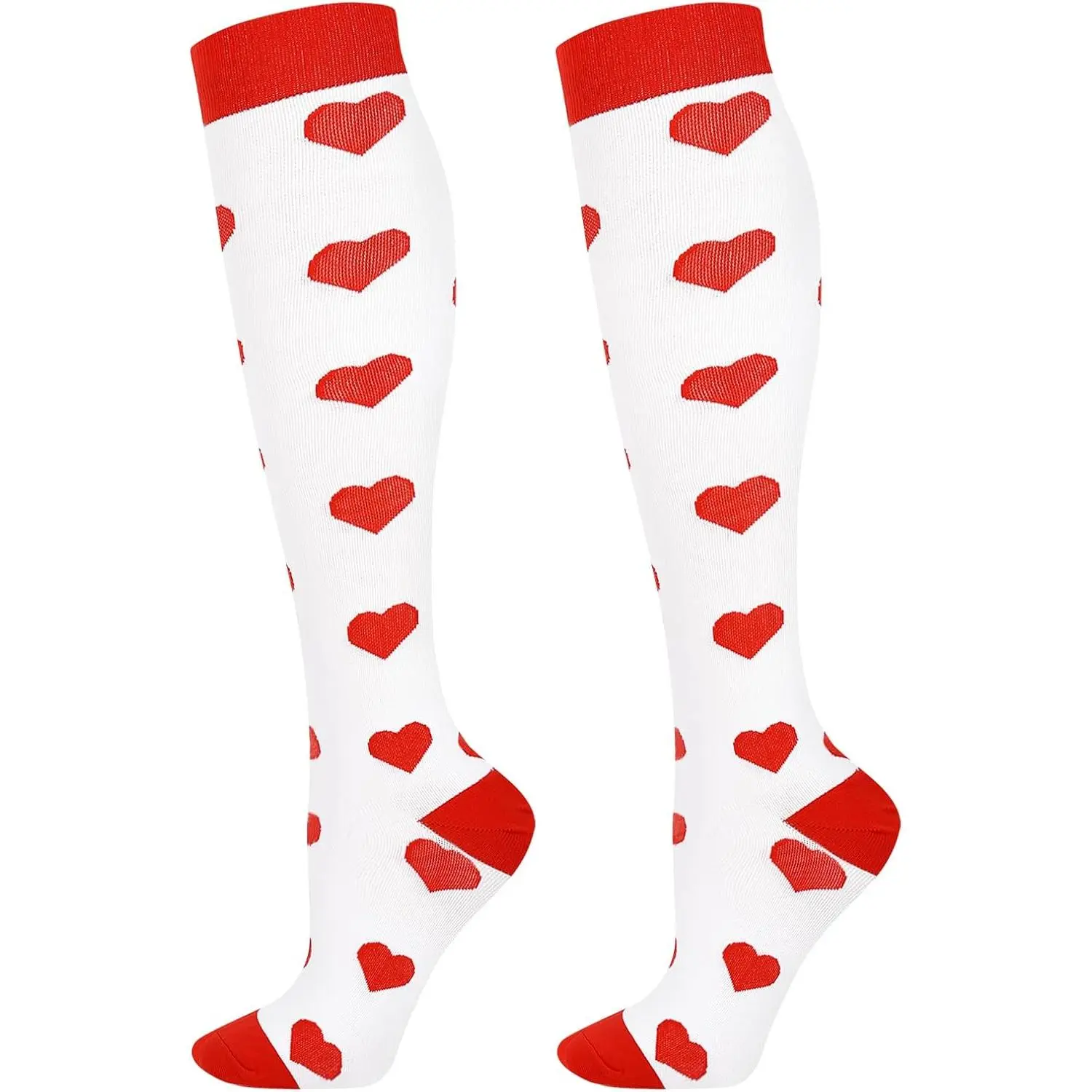 Female Supportive Knee-Length Compression Socks for Pregnant Women - Festival Look, Heart Print, Athletic Running, Travel Flight Use