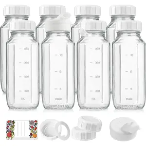 8 Pack 16 Oz Reusable Glass Milk Bottles w 100% Airtight Heavy Duty SCREW Lid & 2 Pour Spouts - Glass Juice Bottles w Capacity Mark - Beverage Drinking Jar Juice Container Breast Milk(Extra 2 Lids)