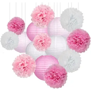 15Pcs Party Pack Paper Lanterns and Pom Pom Balls Hanging Decoration for Wedding Birthday Baby Shower-Pink/White