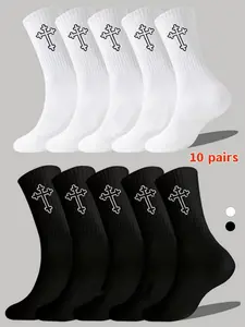 10-pair pack of unisex couple breathable mid-calf socks with a cross pattern, moisture-absorbing, sweat-wicking, comfortable and durable, suitable for daily work, casual wear, sports, vacation, fashionable and versatile for all seasons.