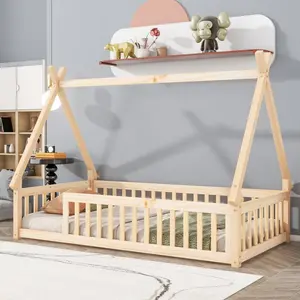 Twin Tent-shaped Floor Bed, Teepee Bed with Guardrails, Slats