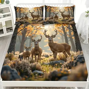 3-piece forest wildlife/bed sheet set (1 * bed sheet+2 * pillowcase, coreless)/hunting themed bedding set/mattress protective cover, soft and breathable, suitable for home and room use